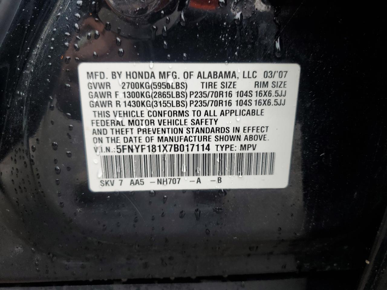 2007 Honda Pilot Lx VIN: 5FNYF181X7B017114 Lot: 86457435