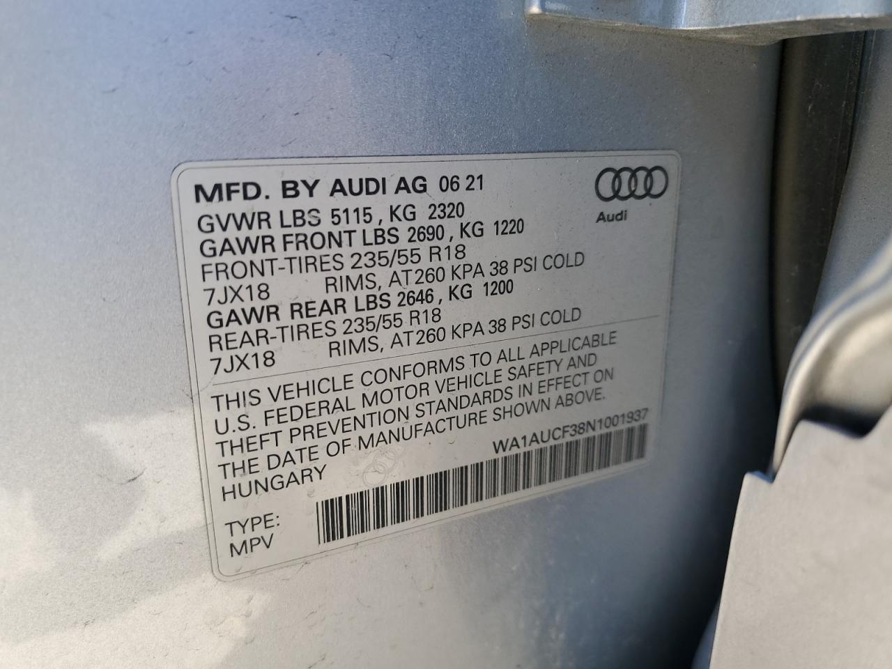 2022 Audi Q3 Premium 40 VIN: WA1AUCF38N1001937 Lot: 82710335