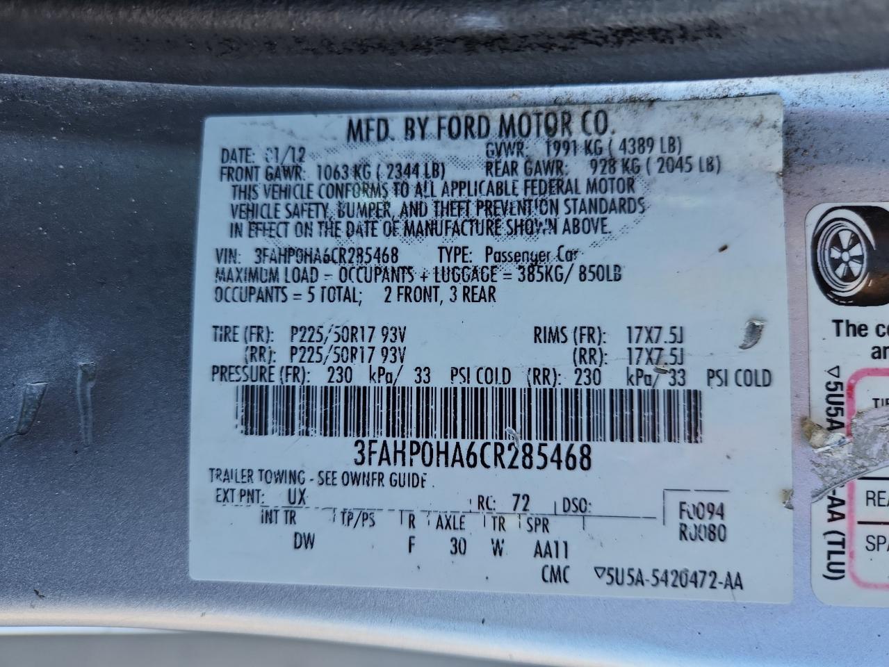 2012 Ford Fusion Se VIN: 3FAHP0HA6CR285468 Lot: 84643855