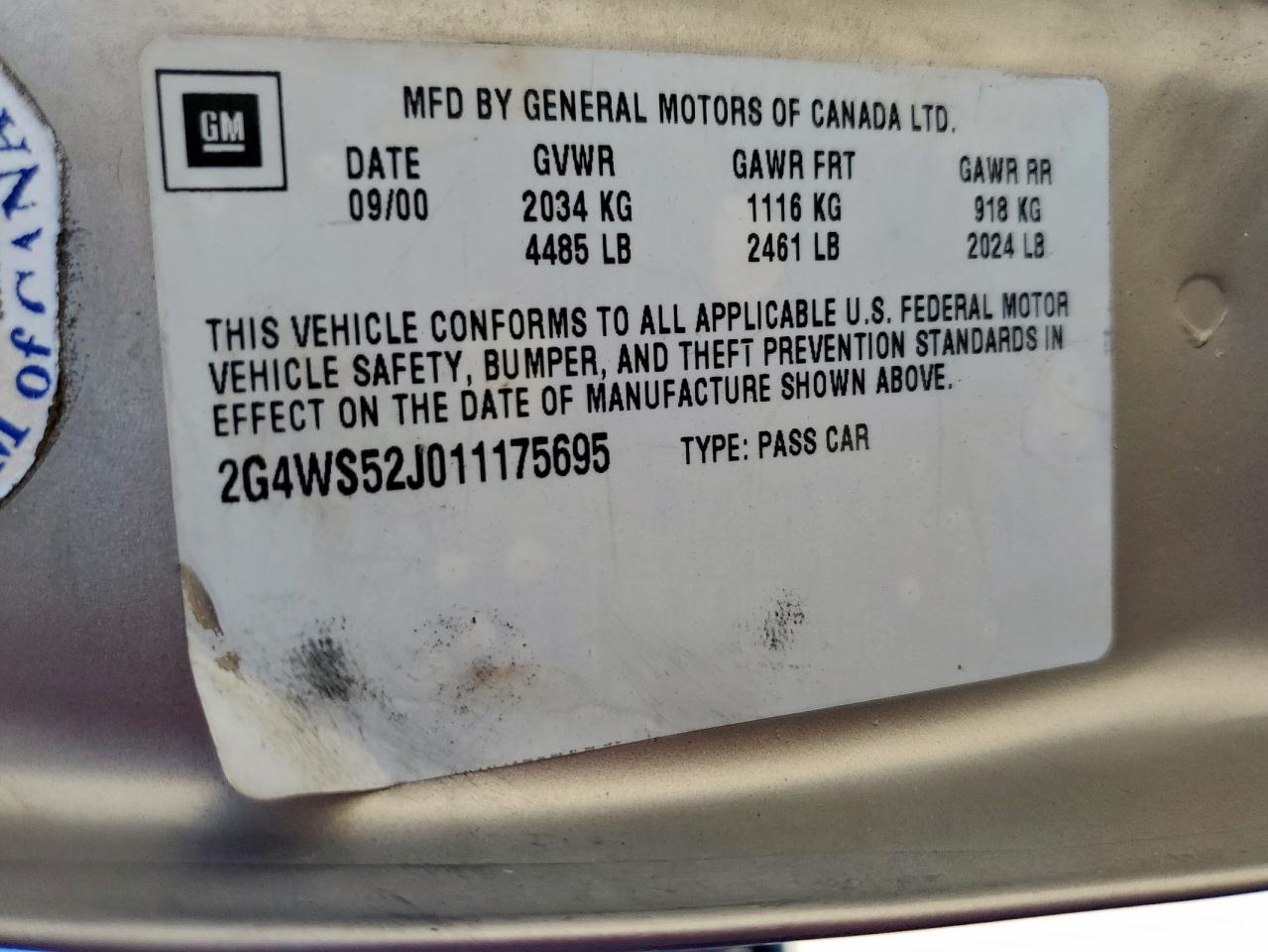 2001 Buick Century Custom VIN: 2G4WS52J011175695 Lot: 85391025