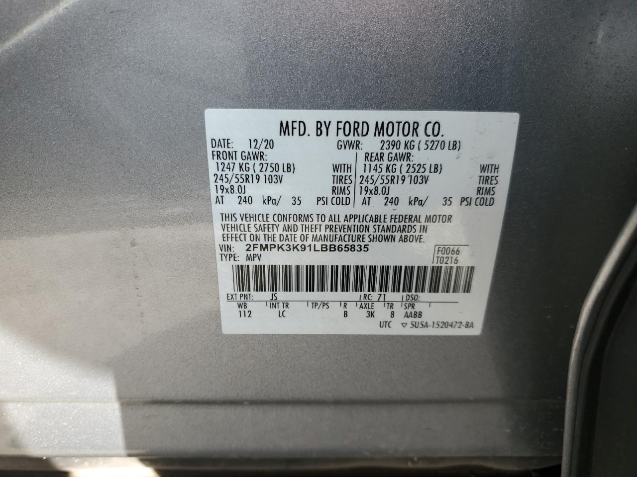 2020 Ford Edge Titanium VIN: 2FMPK3K91LBB65835 Lot: 82642045