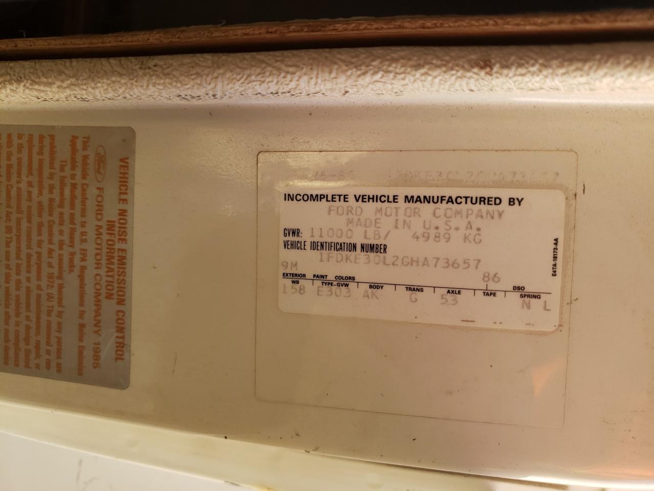 1986 Ford Econoline E350 Cutaway Van VIN: 1FDKE30L2GHA73657 Lot: 86869285