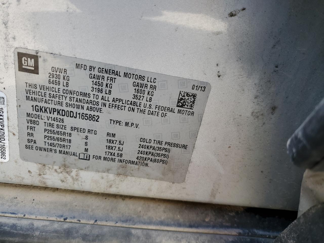 2013 GMC Acadia Sle VIN: 1GKKVPKD0DJ165862 Lot: 84482125