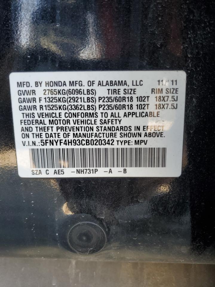2012 Honda Pilot Touring VIN: 5FNYF4H93CB020342 Lot: 82239155