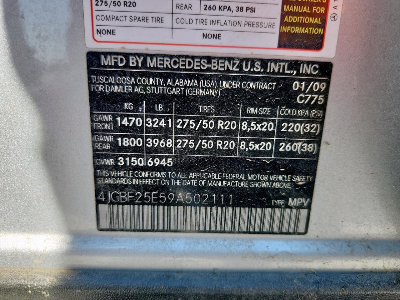 2009 Mercedes-Benz Gl VIN: 4JGBF25E59A502111 Lot: 85868855