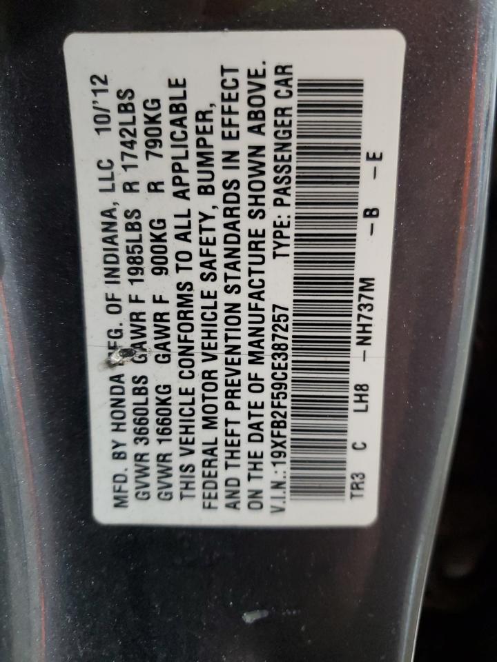 2012 Honda Civic Lx VIN: 19XFB2F59CE387257 Lot: 86091575