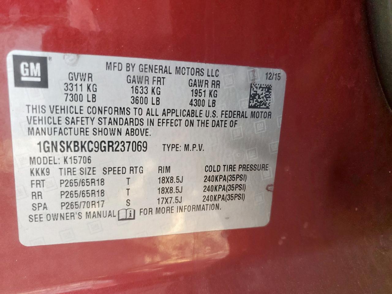 2016 Chevrolet Tahoe K1500 Lt VIN: 1GNSKBKC9GR237069 Lot: 85565855