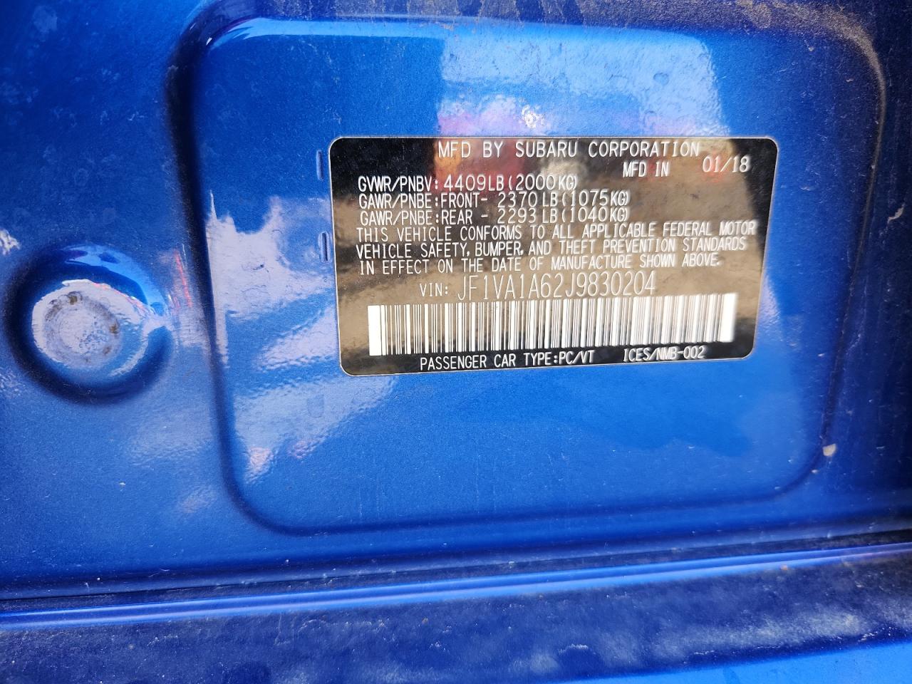 2018 Subaru Wrx VIN: JF1VA1A62J9830204 Lot: 81957255