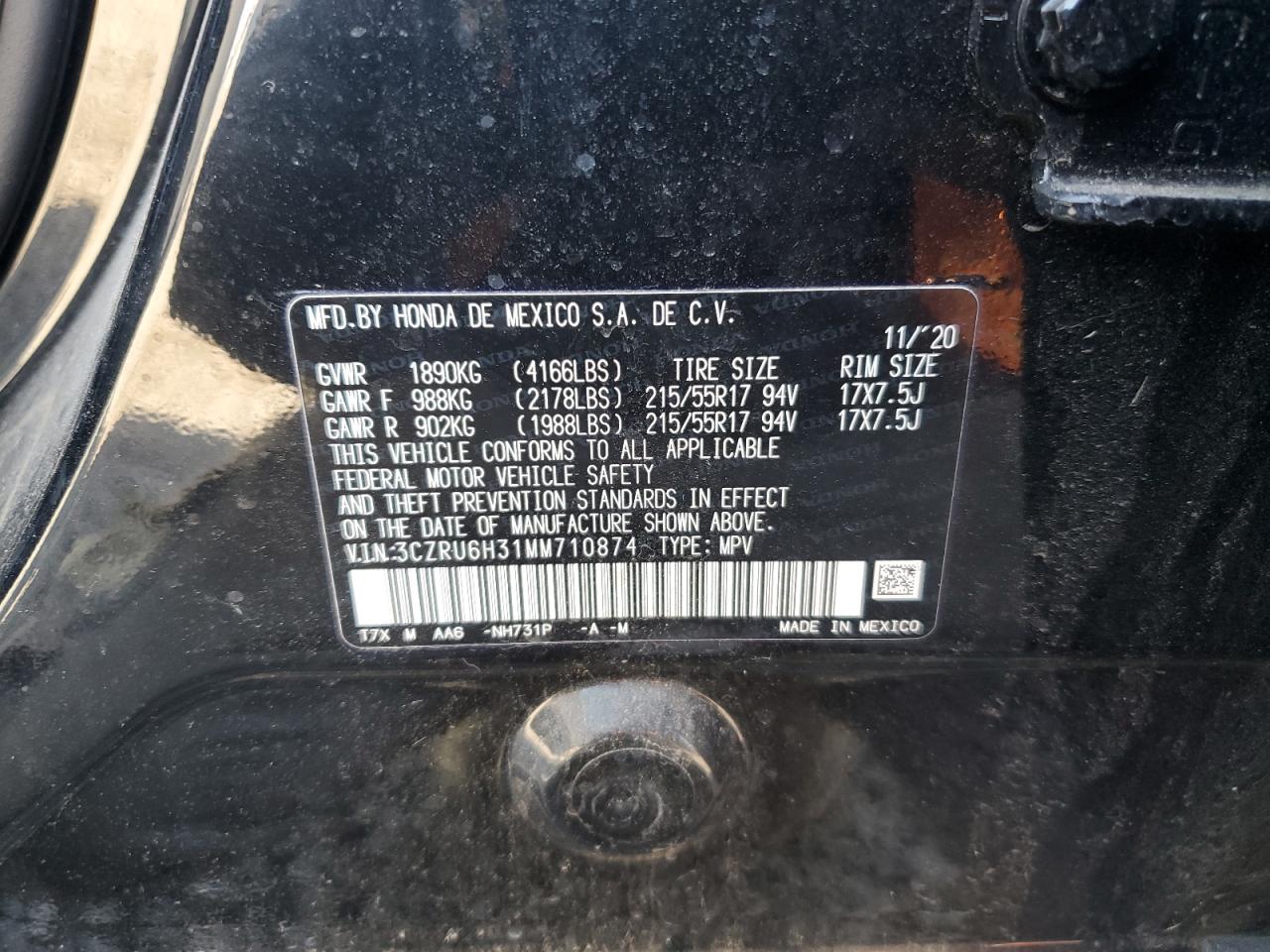 2021 Honda Hr-V Lx VIN: 3CZRU6H31MM710874 Lot: 84879575