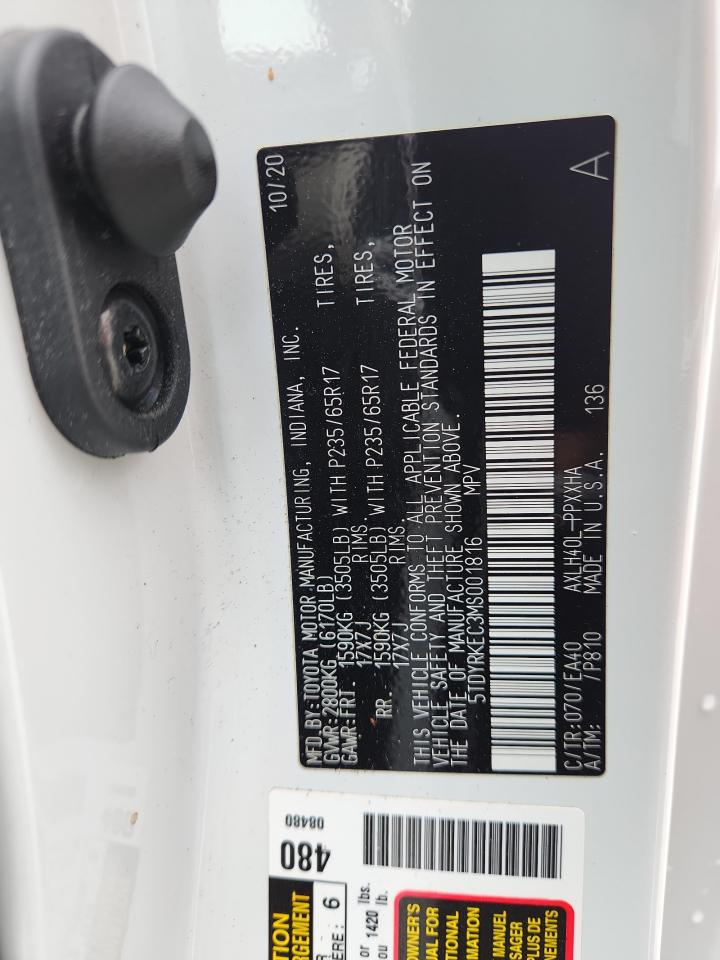 2021 Toyota Sienna Xle VIN: 5TDYRKEC3MS001816 Lot: 85180775