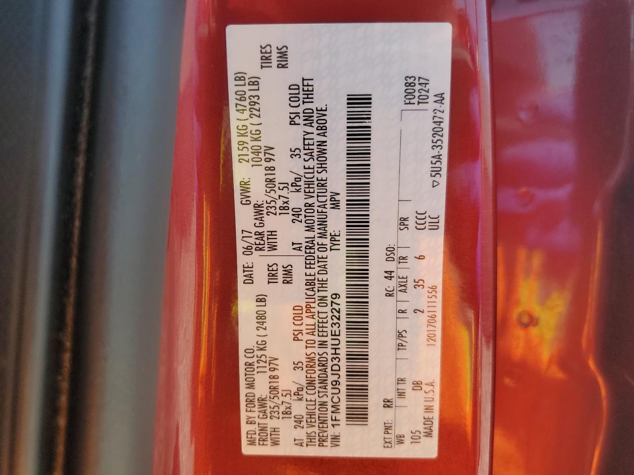 2017 Ford Escape Titanium VIN: 1FMCU9JD3HUE32279 Lot: 84952555