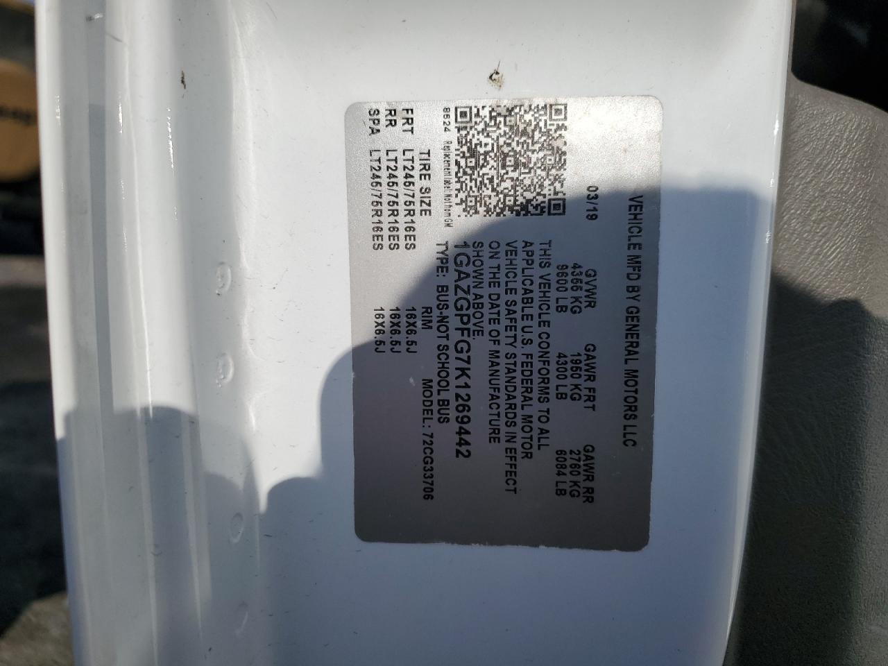 2019 Chevrolet Express G3500 Lt VIN: 1GAZGPFG7K1269442 Lot: 89843165