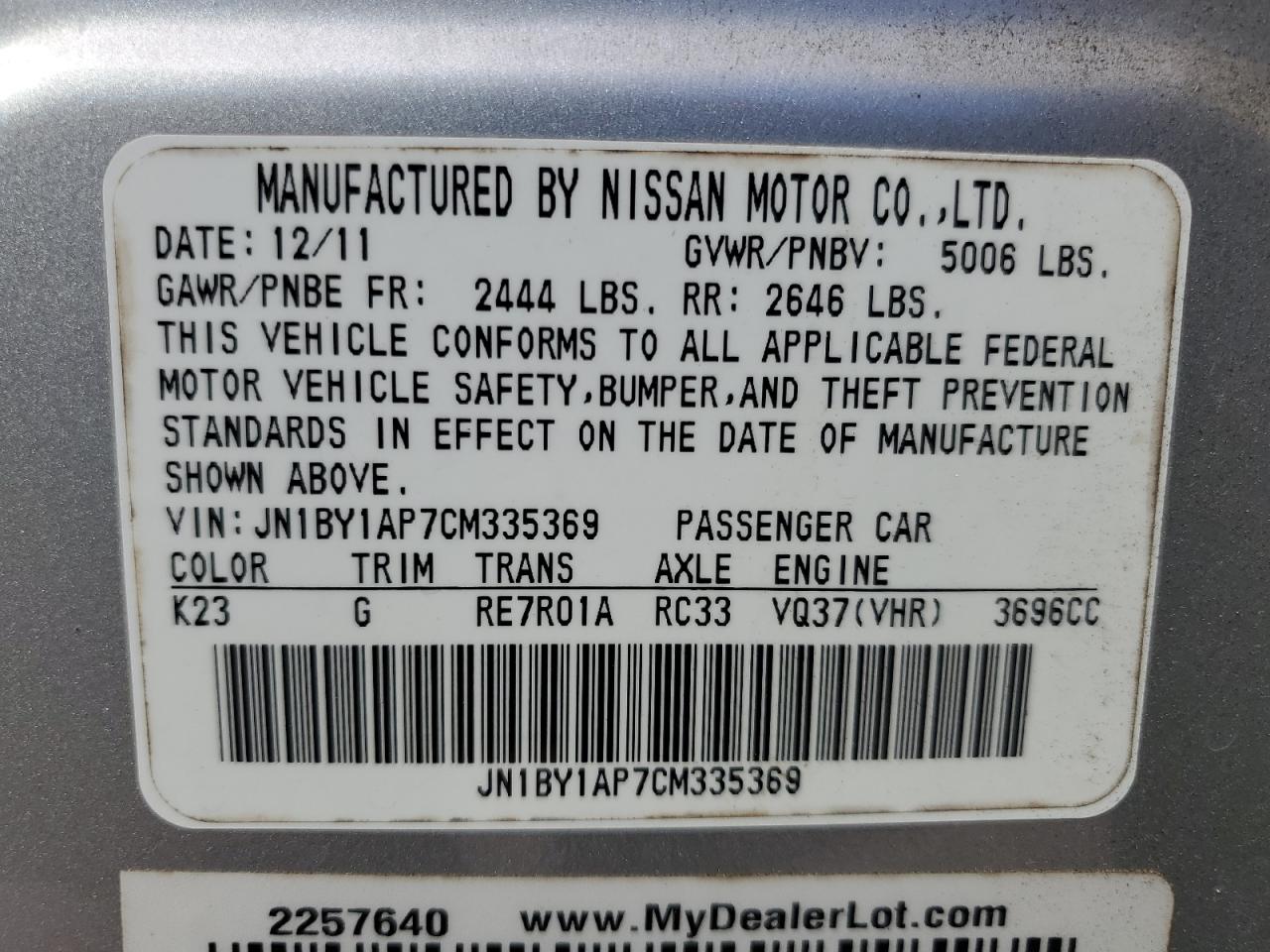 2012 Infiniti M37 VIN: JN1BY1AP7CM335369 Lot: 84417885