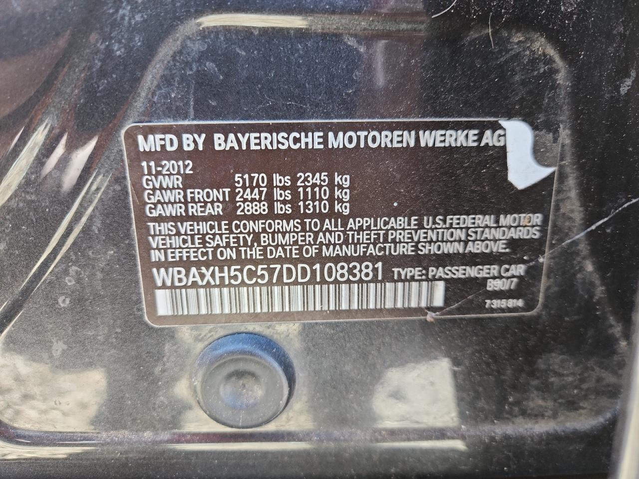 2013 BMW 528 Xi VIN: WBAXH5C57DD108381 Lot: 82527655