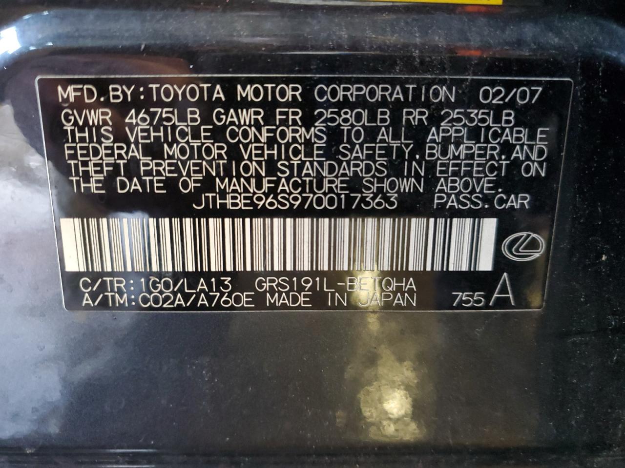 2007 Lexus Gs 350 VIN: JTHBE96S970017363 Lot: 90722195