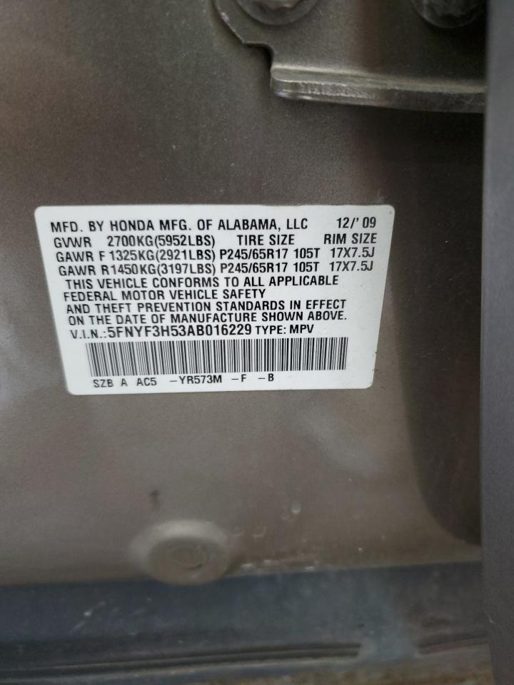 2010 Honda Pilot Exl VIN: 5FNYF3H53AB016229 Lot: 85672005