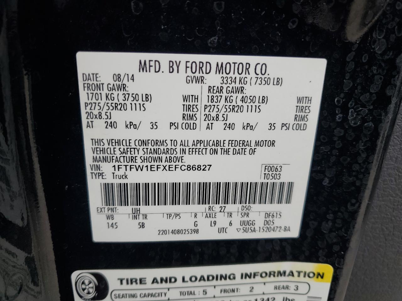 2014 Ford F150 Supercrew VIN: 1FTFW1EFXEFC86827 Lot: 90539565