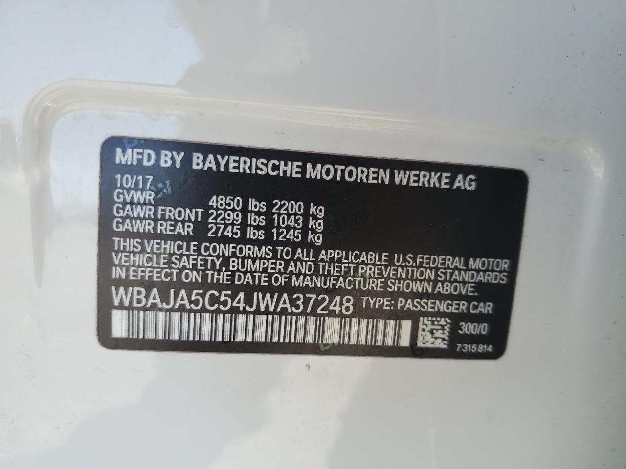 2018 BMW 530 I VIN: WBAJA5C54JWA37248 Lot: 82215885