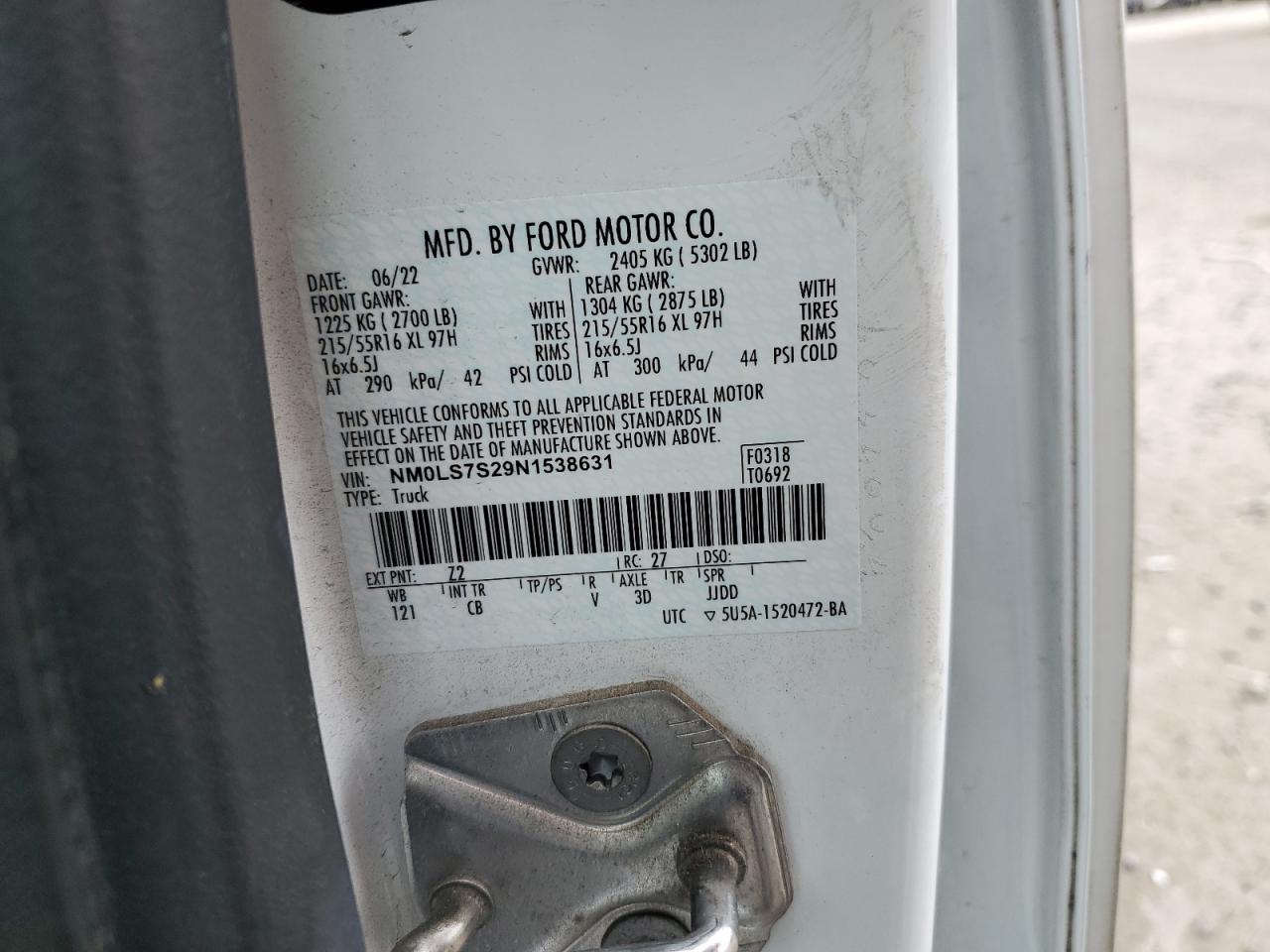 2022 Ford Transit Connect Delivery Van VIN: NM0LS7S29N1538631 Lot: 89552205