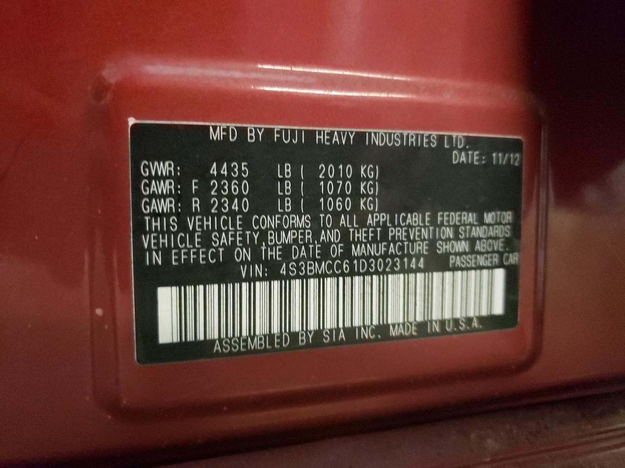 2013 Subaru Legacy 2.5I Premium VIN: 4S3BMCC61D3023144 Lot: 85498915