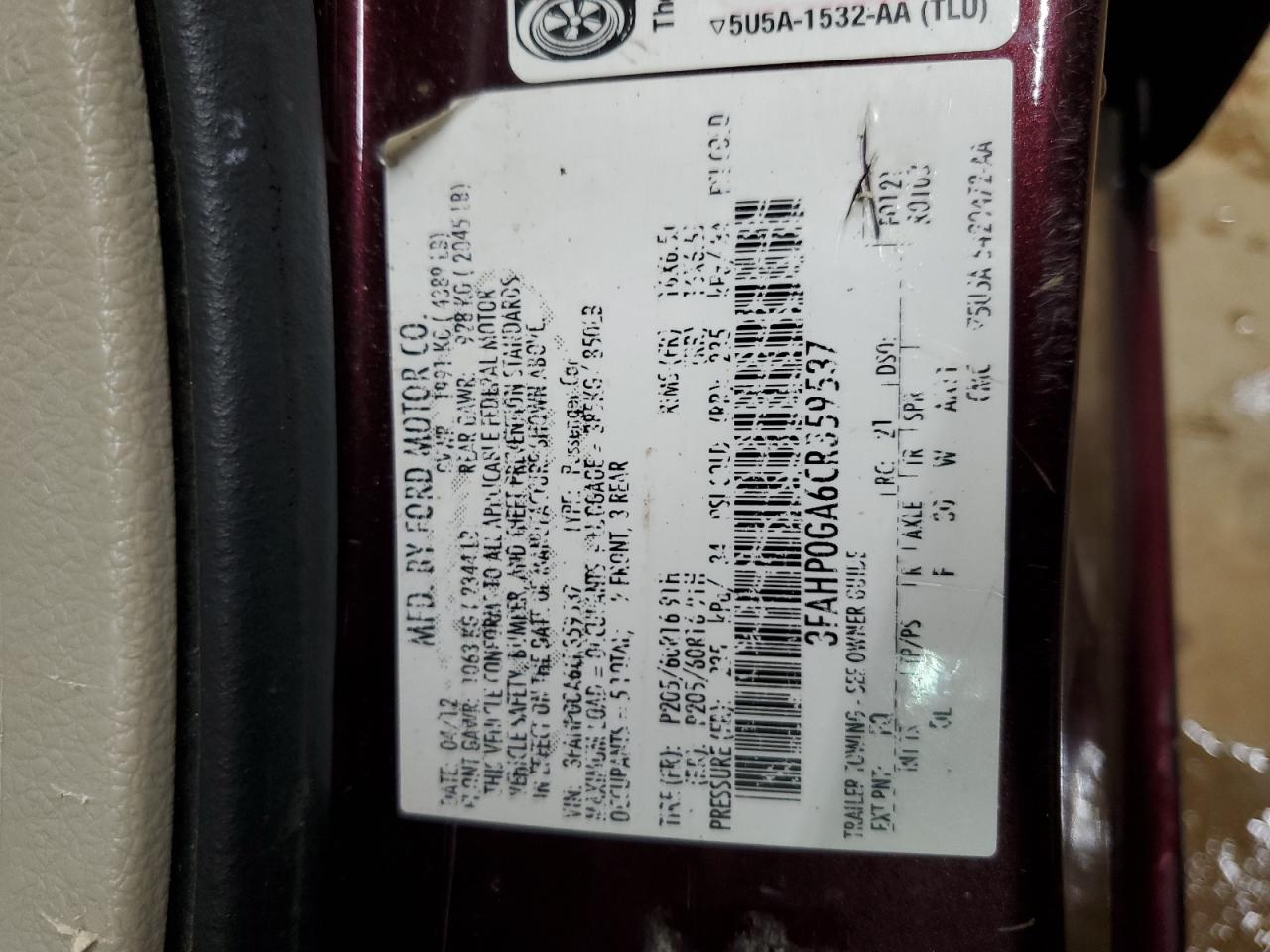 2012 Ford Fusion S VIN: 3FAHP0GA6CR359537 Lot: 90437675