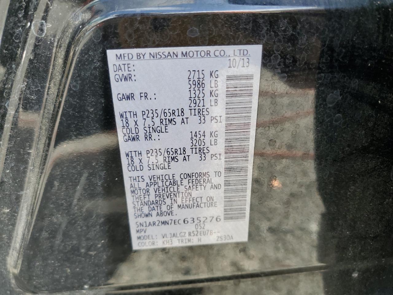 2014 Nissan Pathfinder S VIN: 5N1AR2MN7EC635276 Lot: 85777095