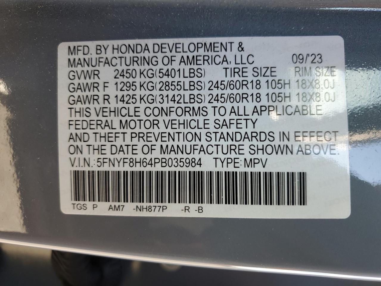 2023 Honda Passport Trail Sport VIN: 5FNYF8H64PB035984 Lot: 82479645