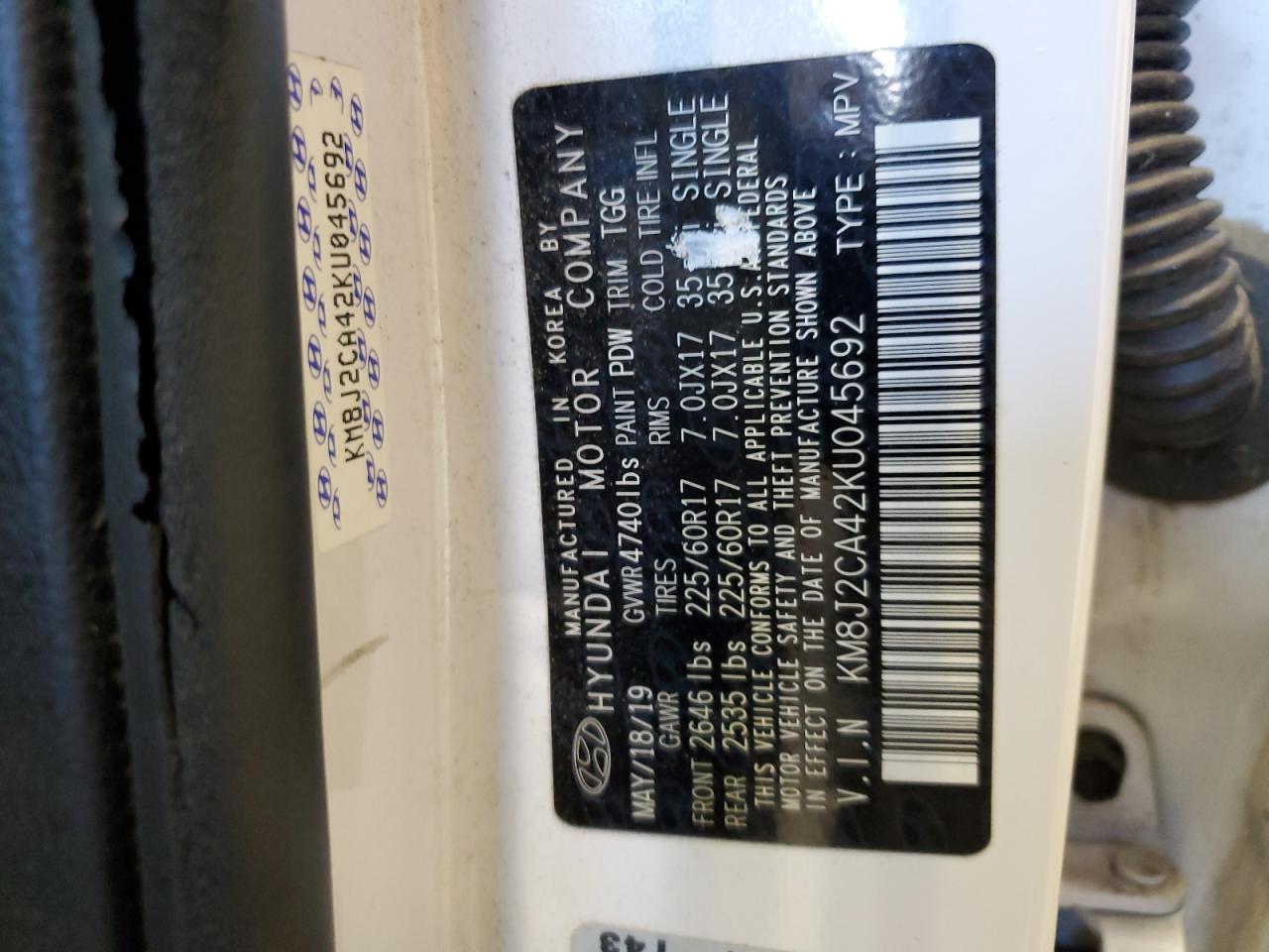 2019 Hyundai Tucson Se VIN: KM8J2CA42KU045692 Lot: 84745395