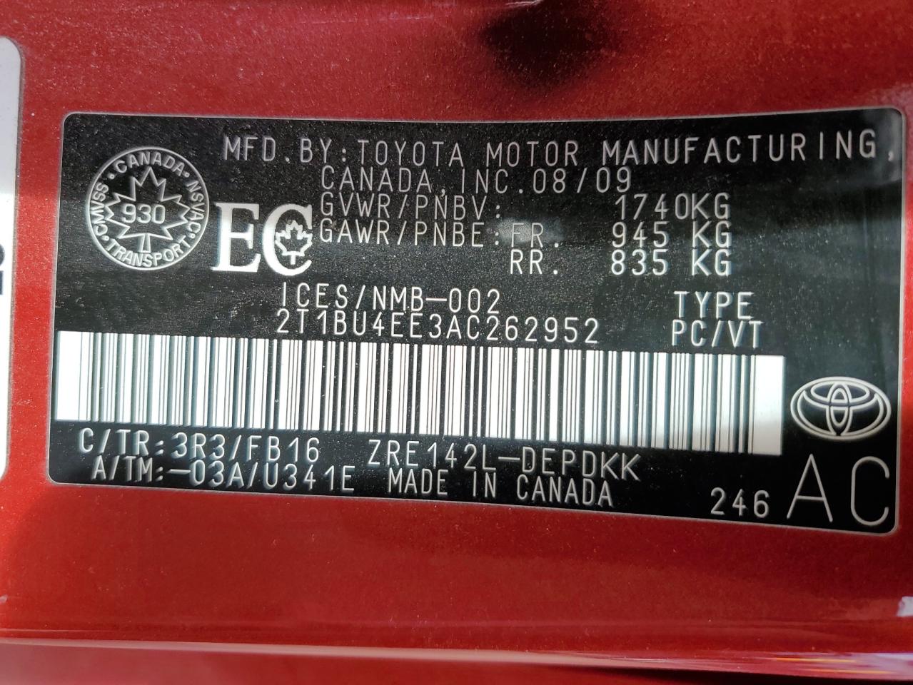 2010 Toyota Corolla Base VIN: 2T1BU4EE3AC262952 Lot: 85541045