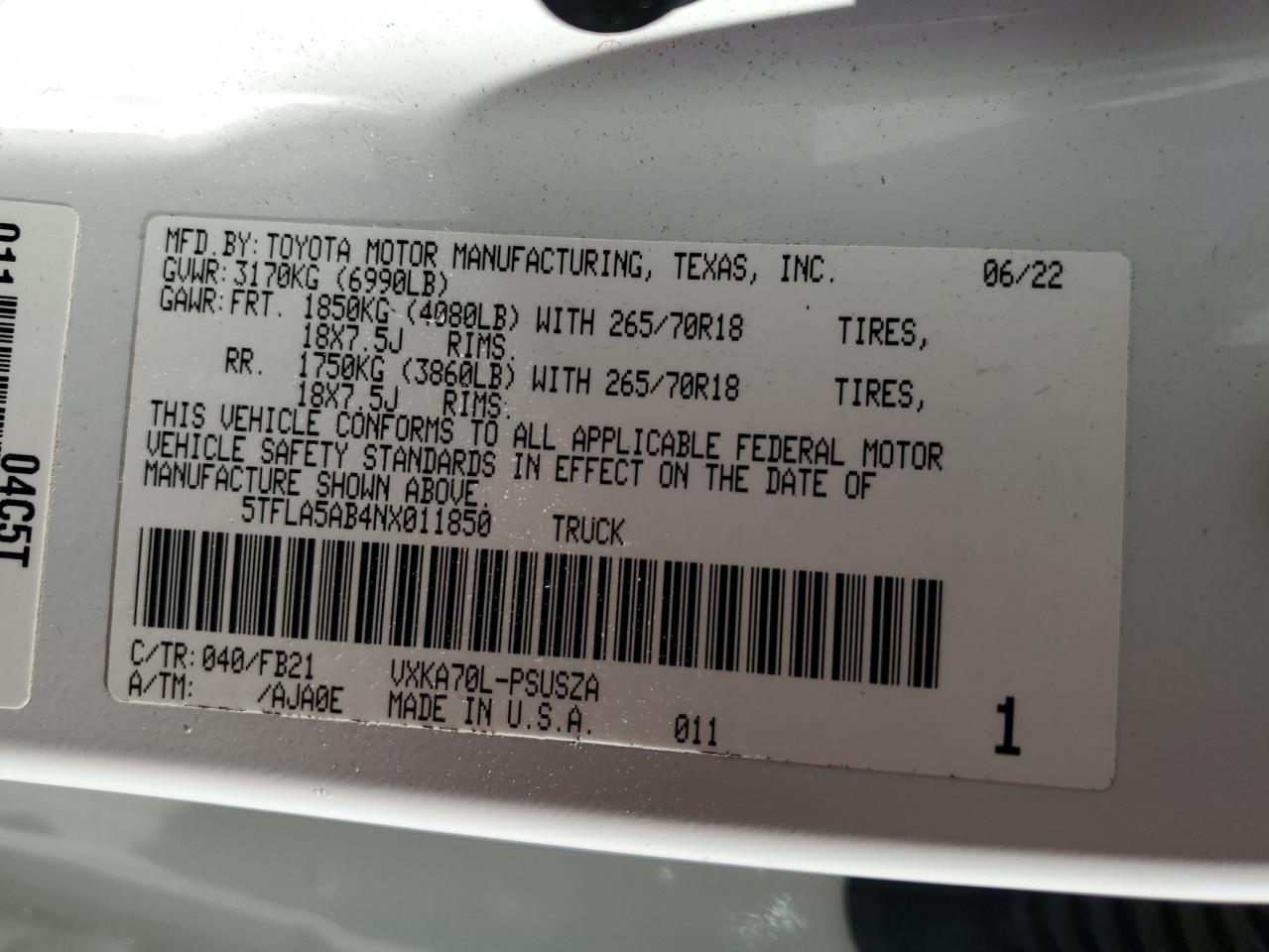 2022 Toyota Tundra Crewmax Sr VIN: 5TFLA5AB4NX011850 Lot: 90827095