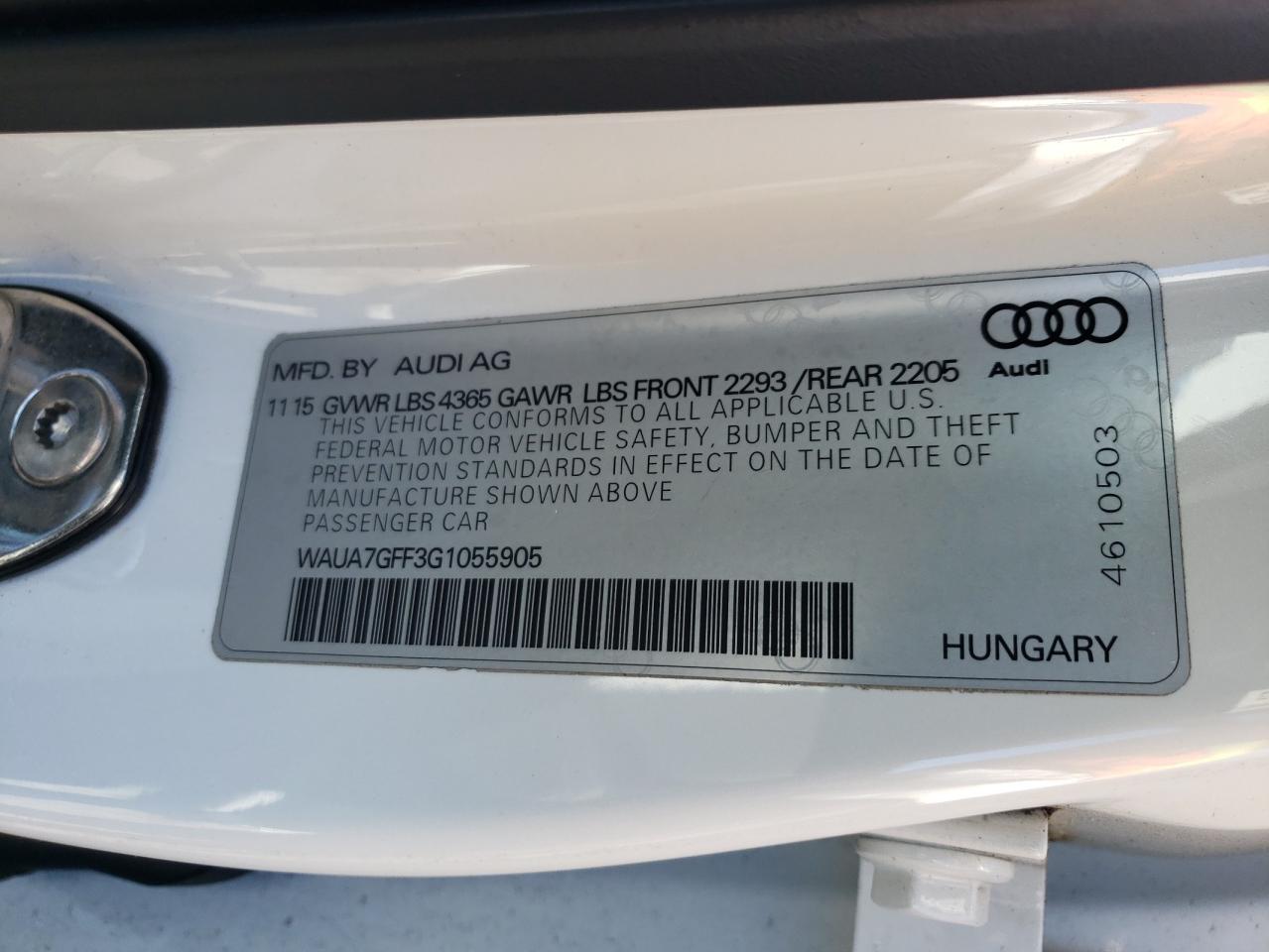 2016 Audi A3 Premium VIN: WAUA7GFF3G1055905 Lot: 85877165