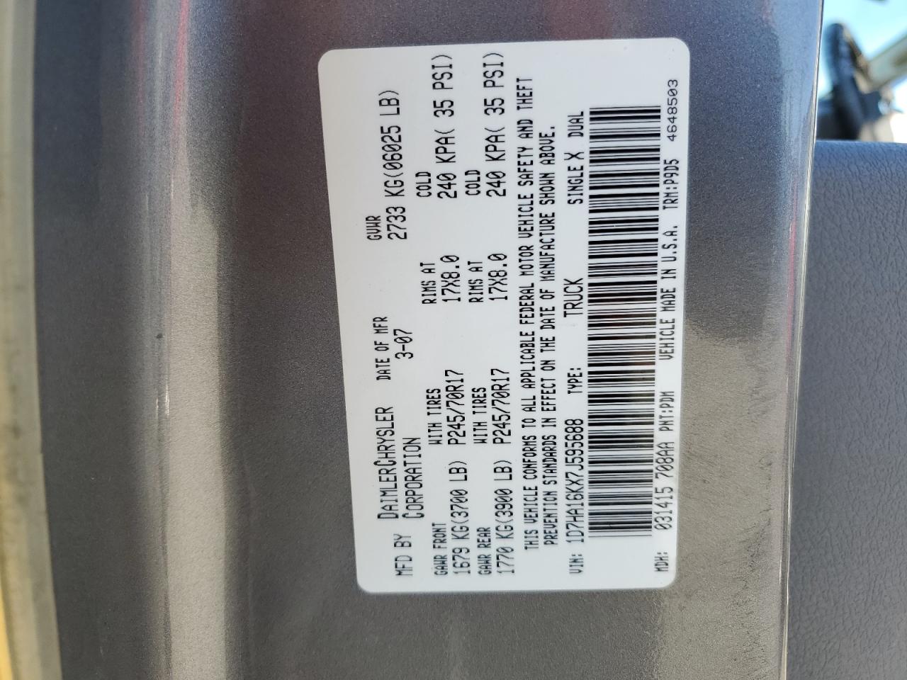 2007 Dodge Ram 1500 St VIN: 1D7HA16KX7J595688 Lot: 90614765