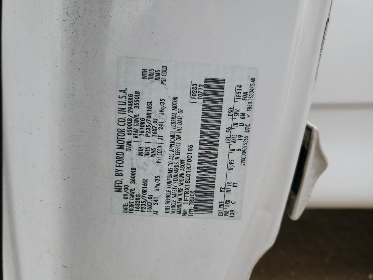 2001 Ford F150 VIN: 1FTRX18L01KF00186 Lot: 86135485