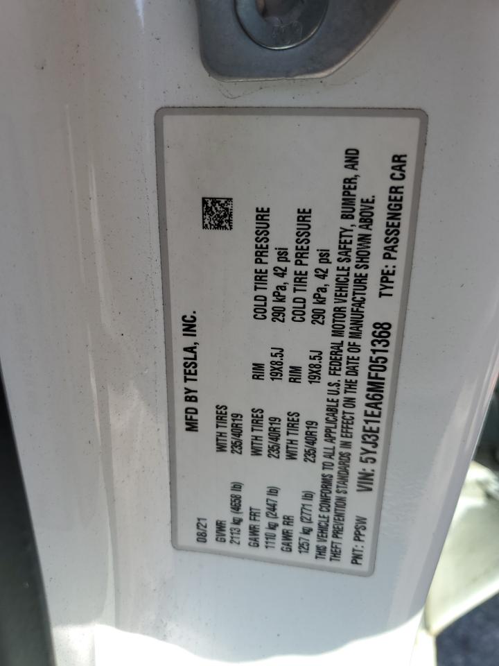 2021 Tesla Model 3 VIN: 5YJ3E1EA6MF051368 Lot: 82618405