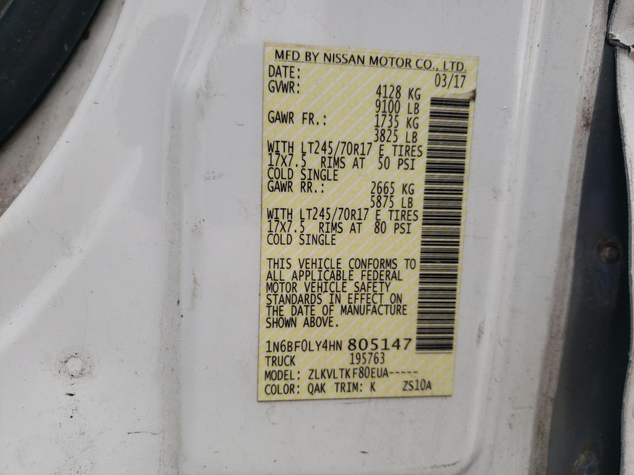 2017 Nissan Nv 2500 S VIN: 1N6BF0LY4HN805147 Lot: 86531275