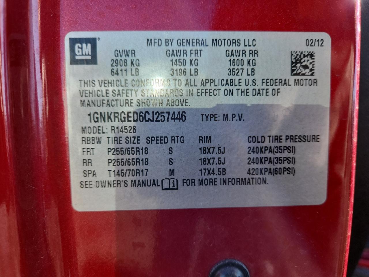 2012 Chevrolet Traverse Lt VIN: 1GNKRGED6CJ257446 Lot: 85340635