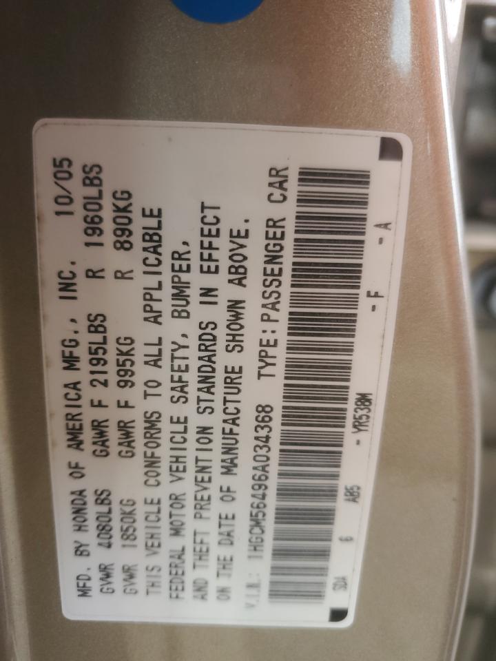 2006 Honda Accord Lx VIN: 1HGCM56496A034368 Lot: 85818485