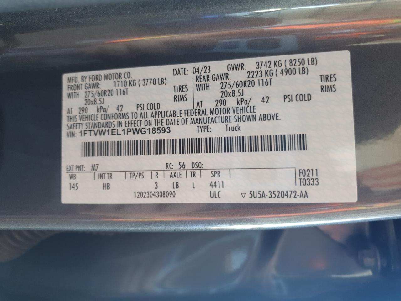 2023 Ford F150 Lightning Pro VIN: 1FTVW1EL1PWG18593 Lot: 86508595