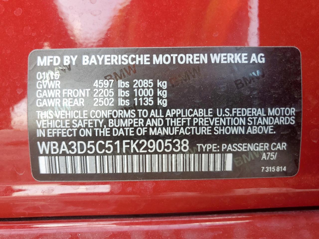 2015 BMW 328 D xDrive VIN: WBA3D5C51FK290538 Lot: 84706975