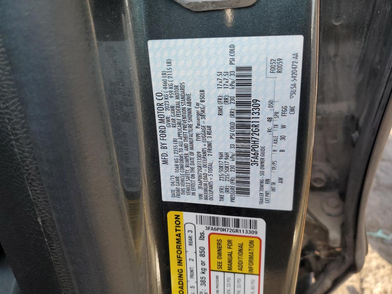 2016 Ford Fusion Se VIN: 3FA6P0H72GR113309 Lot: 85326945