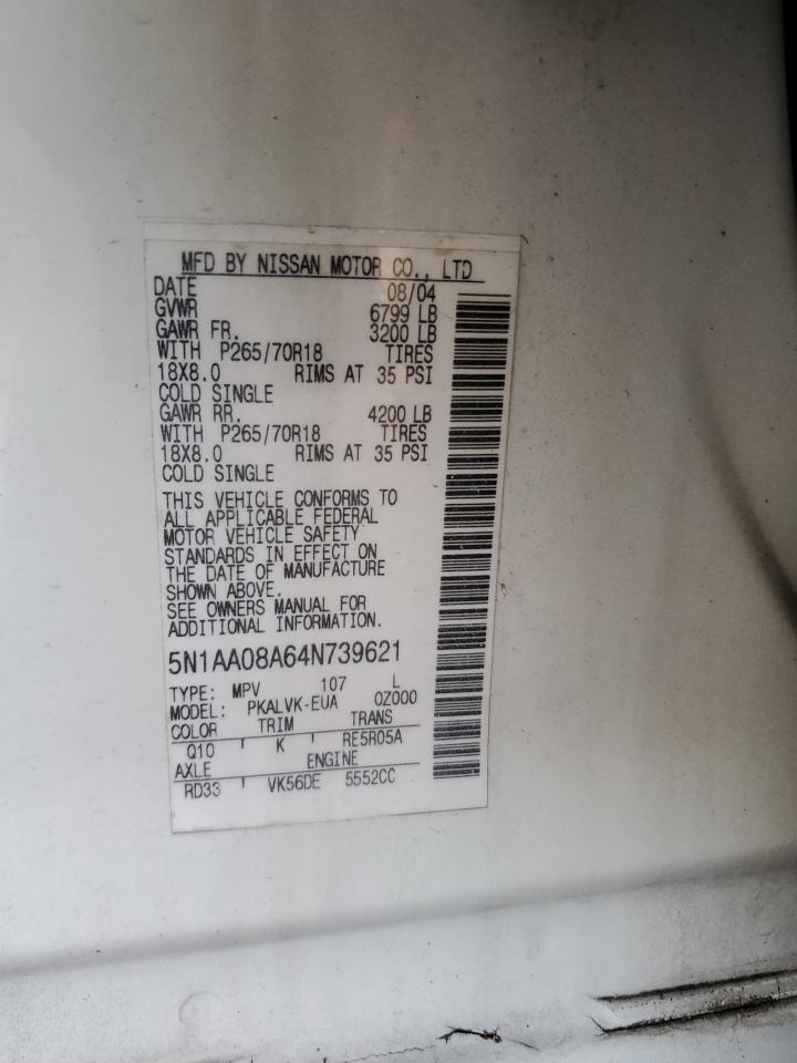 2004 Nissan Armada Se VIN: 5N1AA08A64N739621 Lot: 85139845