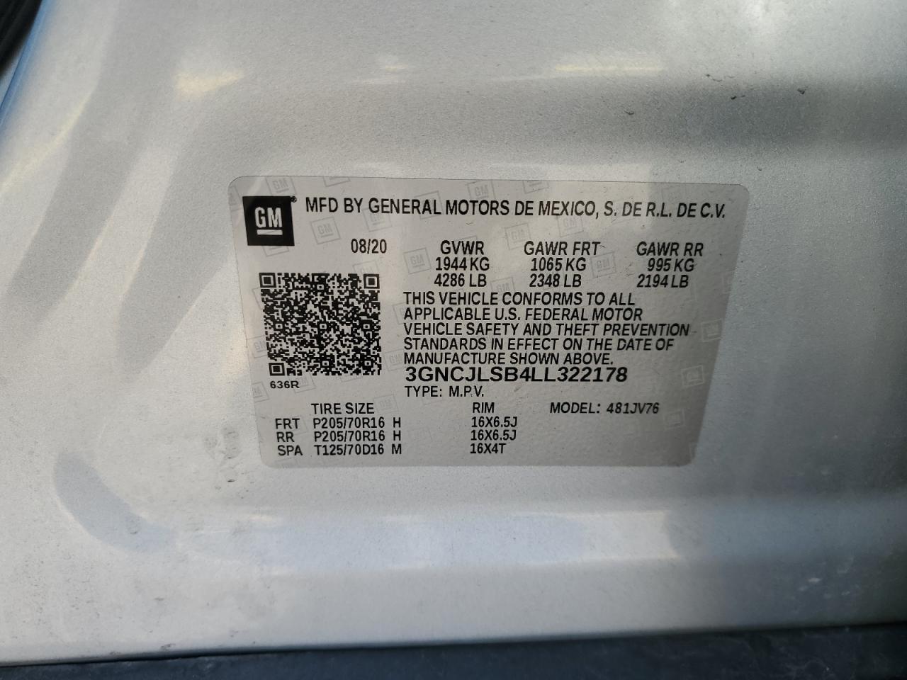 2020 Chevrolet Trax 1Lt VIN: 3GNCJLSB4LL322178 Lot: 90072545