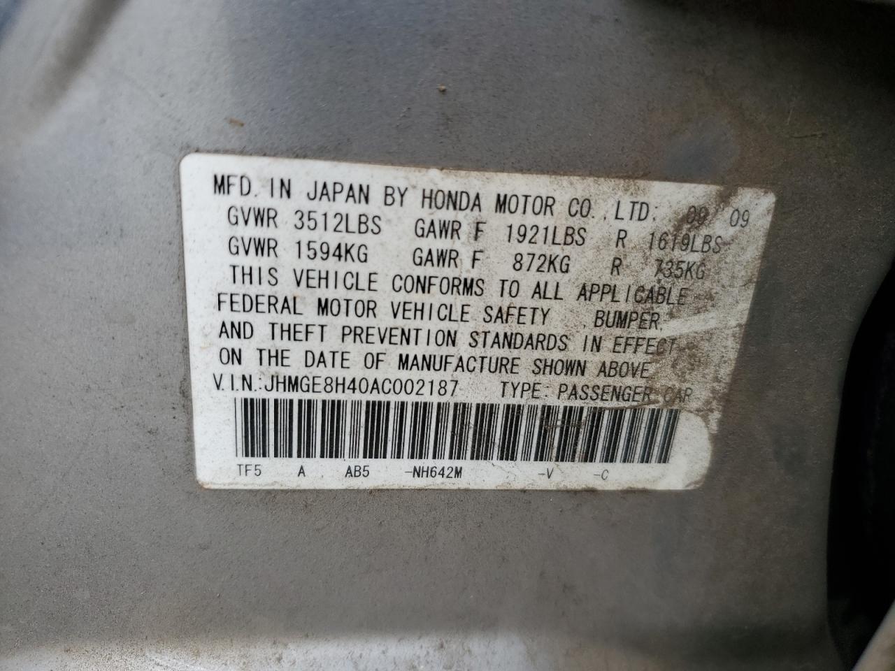 2010 Honda Fit Sport VIN: JHMGE8H40AC002187 Lot: 86825805