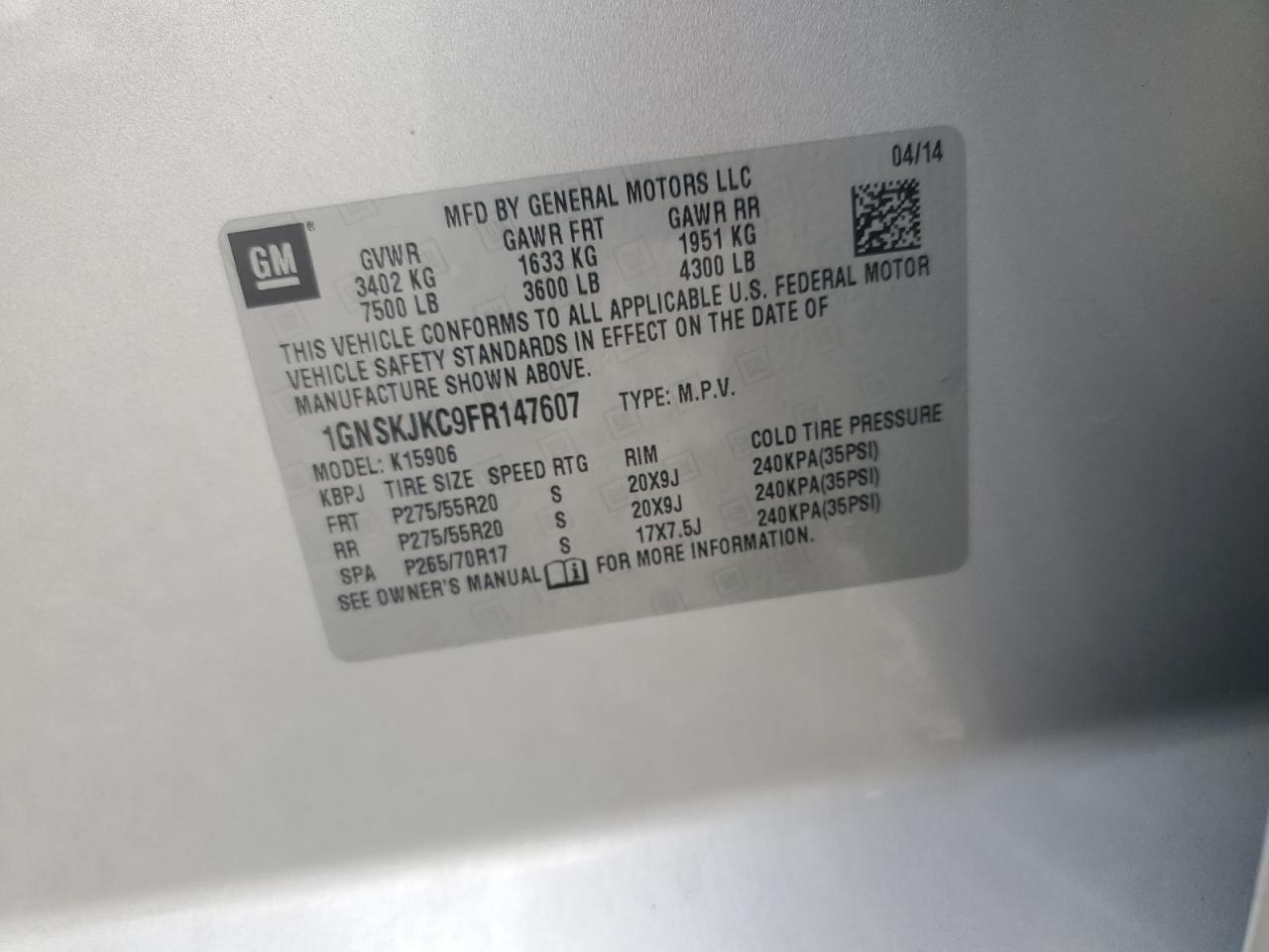 2015 Chevrolet Suburban K1500 Lt VIN: 1GNSKJKC9FR147607 Lot: 82344395