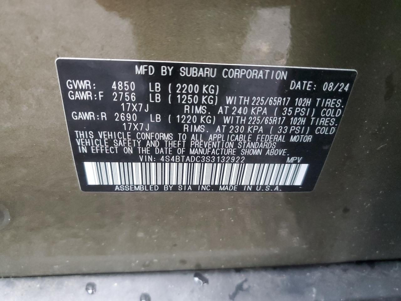 2025 Subaru Outback Premium VIN: 4S4BTADC3S3132922 Lot: 86429725