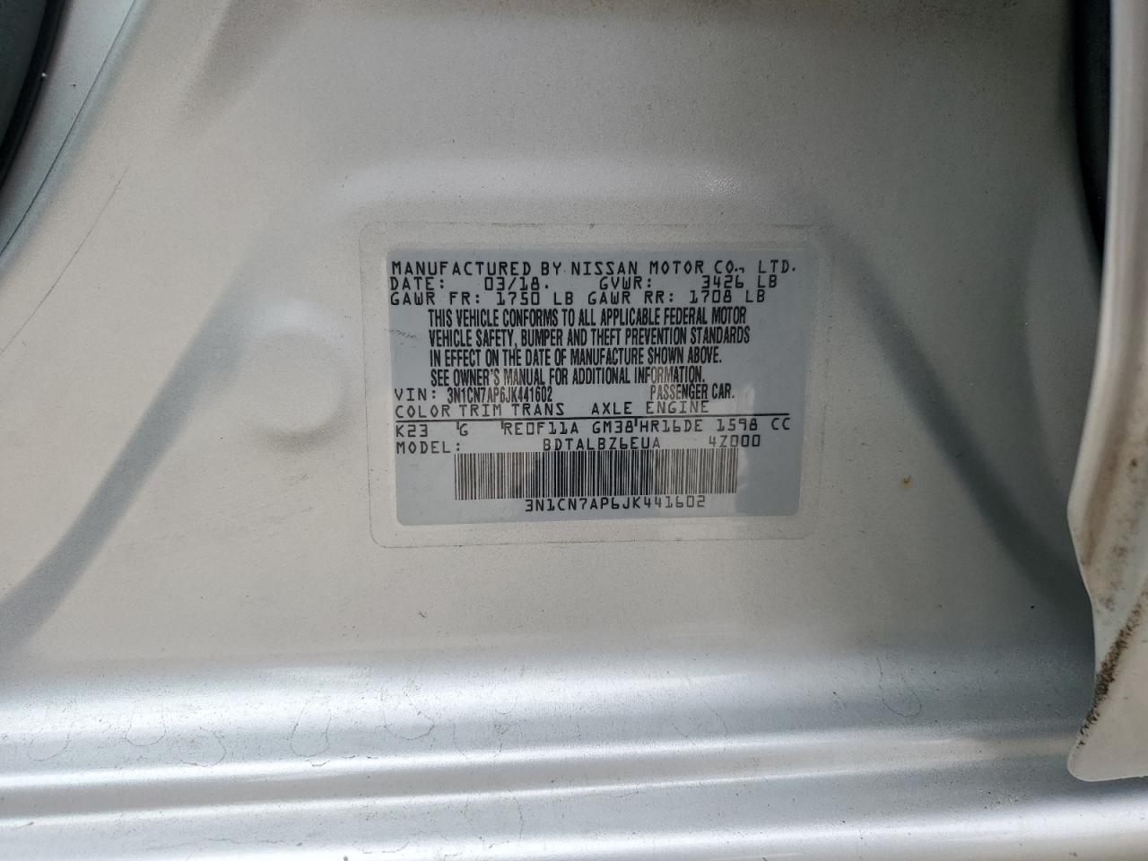 2018 Nissan Versa S VIN: 3N1CN7AP6JK441602 Lot: 85909025