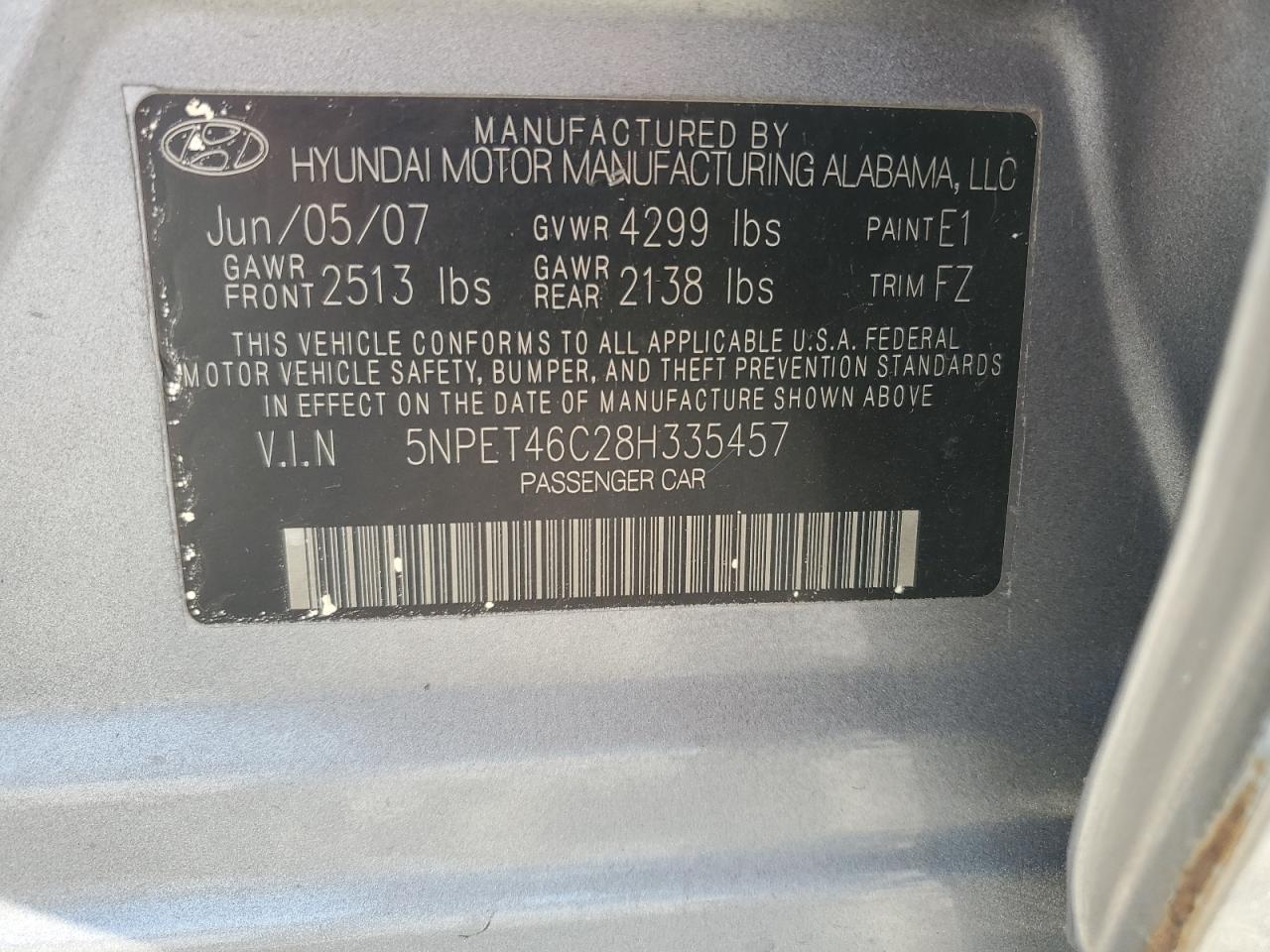 2008 Hyundai Sonata Gls VIN: 5NPET46C28H335457 Lot: 85918625