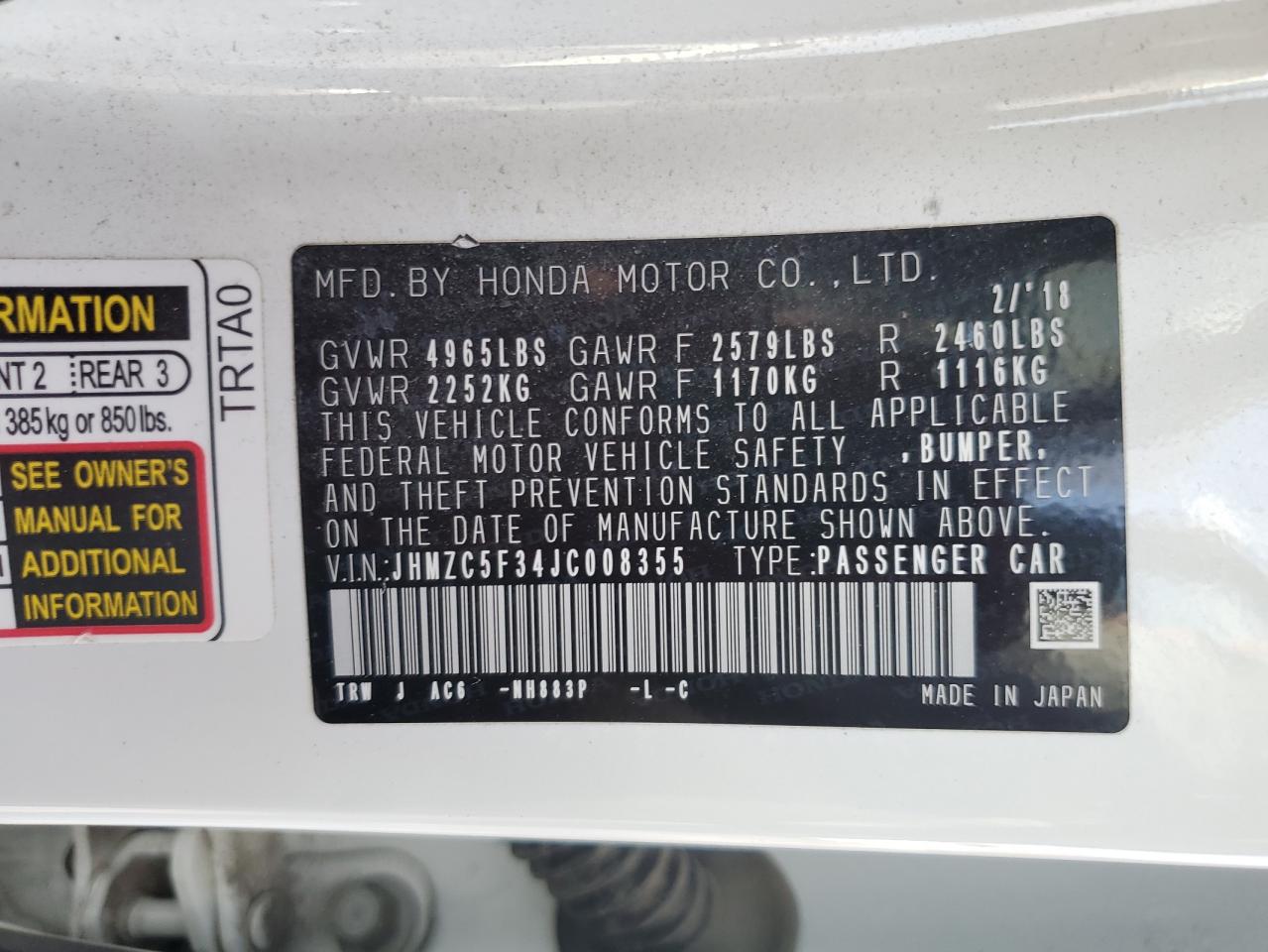 2018 Honda Clarity Touring VIN: JHMZC5F34JC008355 Lot: 89566505