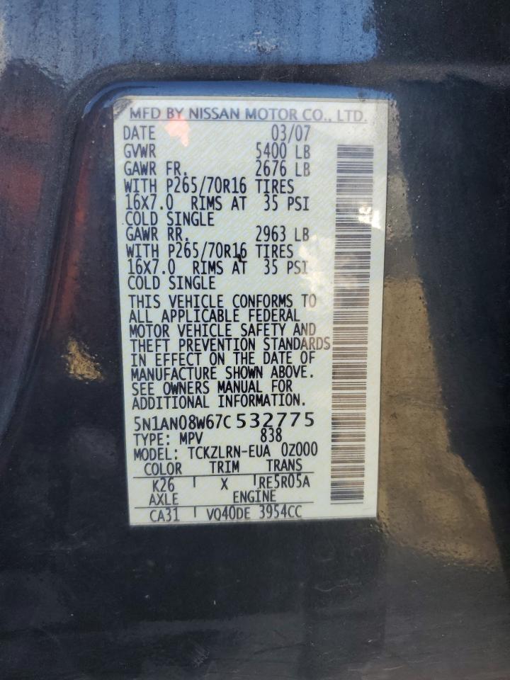 2007 Nissan Xterra Off Road VIN: 5N1AN08W67C532775 Lot: 85360025