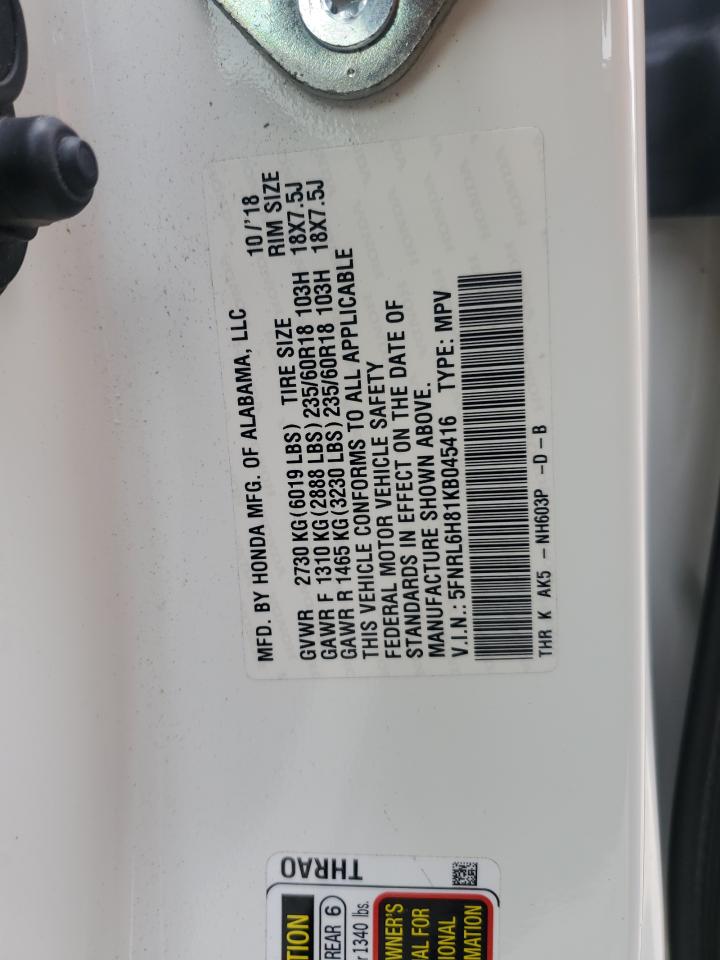 2019 Honda Odyssey Touring VIN: 5FNRL6H81KB045416 Lot: 82307175